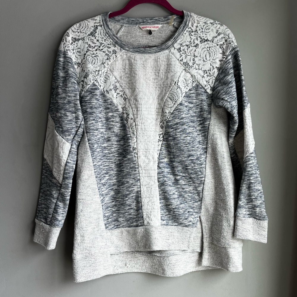 Rebecca Taylor Heather Gray Knit Lace Detail Sweatshirt Small CottageCore